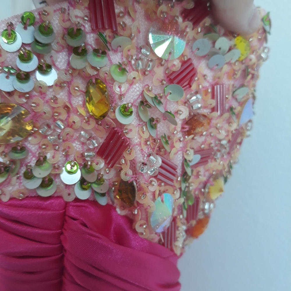 Pink multicolor sequin beaded strapless abstract floral print tulle prom dress - Picture 5 of 8